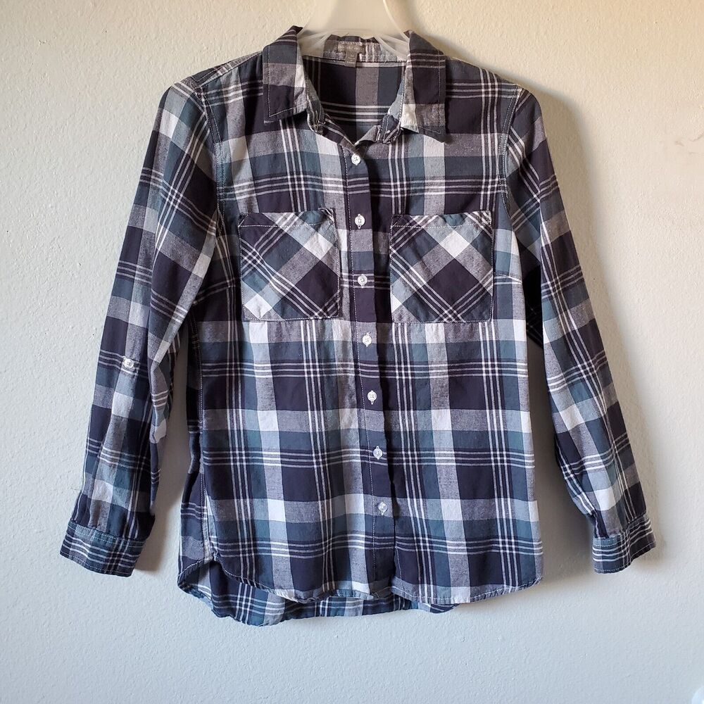 Charlotte Russe Button Up Shirt Womens M Blue Plaid Flannel Roll Tab Sleeve Top